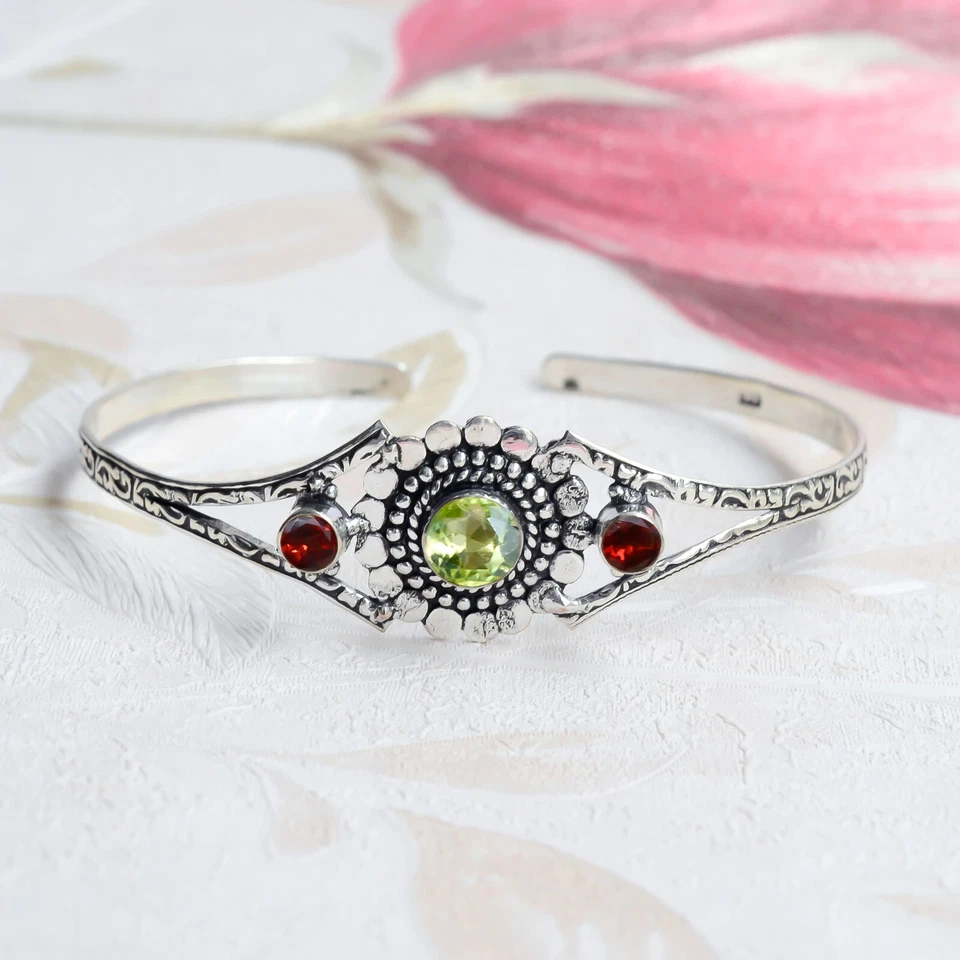 Peridot Cut, Garnet Cut Gemstone Bracelet 925 Sterling Silver Girl's Love Bangle - Image 3 of 4