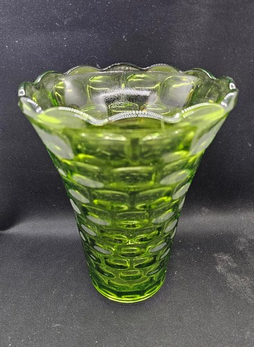 Vintage grüne Glas strukturiert gewellter Rand Blume Floral Tischplatte Vase - Bild 6 von 8