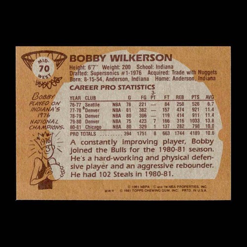 Bobby Wilkerson 1981-82 Topps Chicago Bulls #70 R331L 1 - Picture 2 of 2