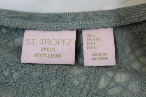 St Tropez West Green Tunic Tank Top 100% Linen Lace Accent Women's L Pullover - Picture 5 of 10