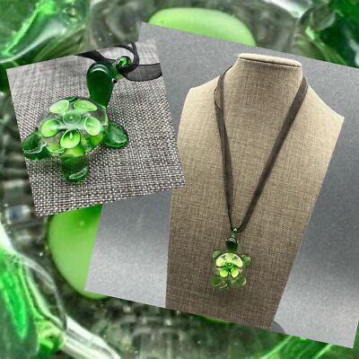 Glass Pendant Necklace Silver Turtle Tortoise Sea Green Black