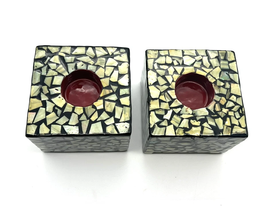 2- Candelabro Cuadrado con Cáscara de Abulón Art Deco Deco Deco Deco Deco Deco Deco con Luz de Té Inusual Foto 2 de 4