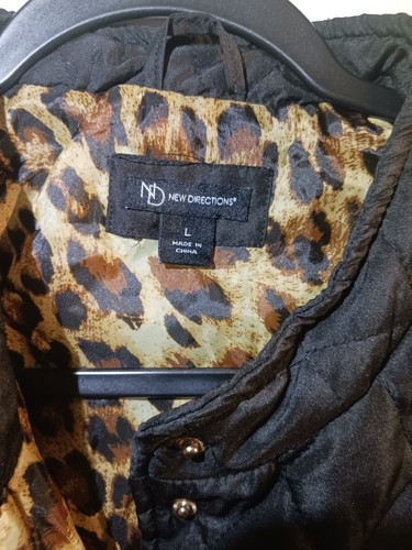 New Directions Black Quilted Pocket Vest Brown Leopard Lining Snap Closure L - Picture 4 of 15