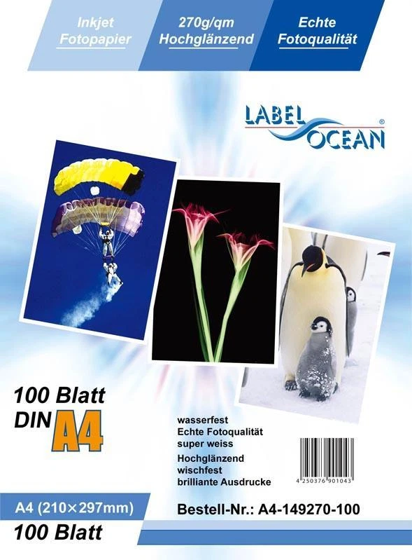 100 Blatt DIN A4 270g/m² Fotopapier HGlossy+wasserfest von LabelOcean (R)