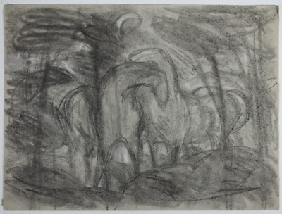 Zeichnung Kohle Gerda Henning Landschaft Pferde Nachlass Signiert 1968
