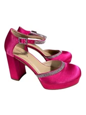 Top Moda Lainey 3 Pink Closed Toe Platform Rhinestone Embellished Heels Satin 8