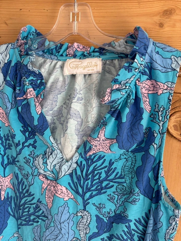 Мини-платье Pappagallo Azure Ocean Print с оборками M синее тропическое - Изображение 4 из 4