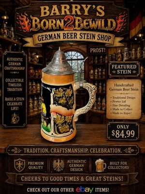 Vintage German Beer Stein Pewter Lid Relief  Auf den Bergen wohnt die Freude 