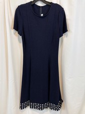 NEW St John Collection Sz 8 Santana Knit Dress Navy Blue White Studs Dress NWT