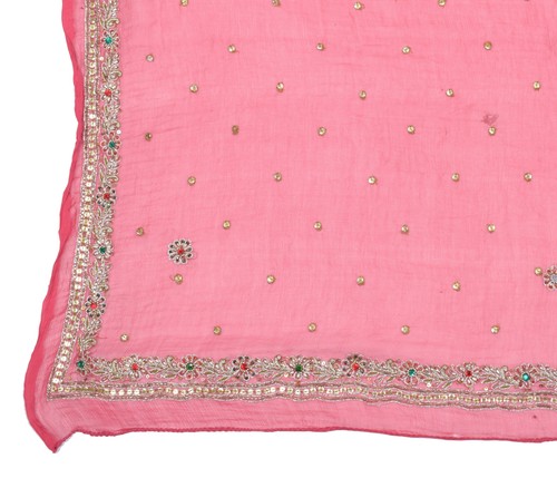 Sushila Vintage Pink Dupatta 100% Pure Chiffon Silk Hand Beaded Long Stole Wrap - Picture 3 of 9