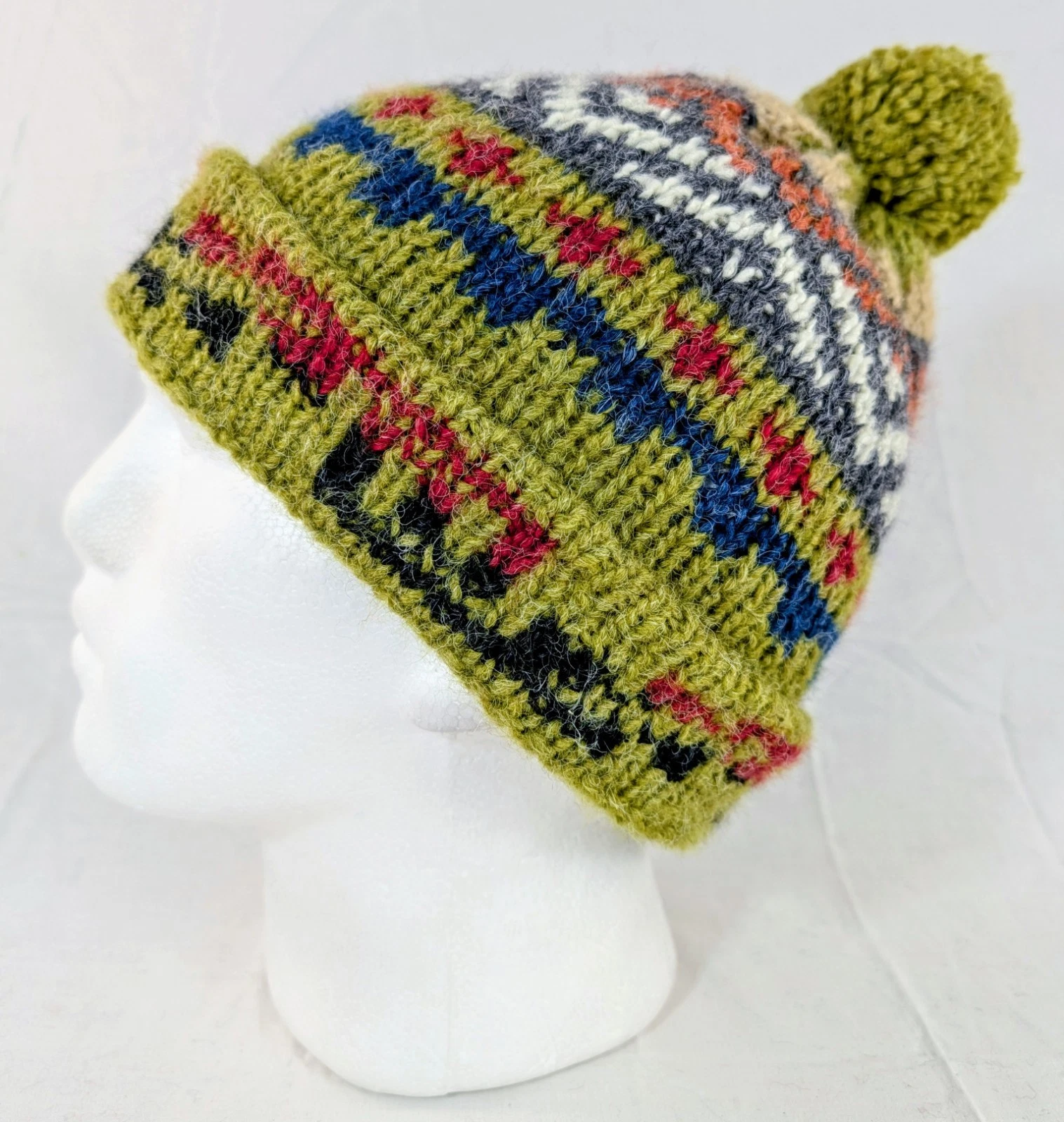 Colorful Soft Alpaca Beanie Pom Pom Handmade Green Unisex Boho Peru