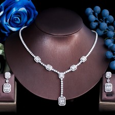 Women Square Pendant Drop Necklace Earrings Silver Plated CZ Wedding Jewelry Set