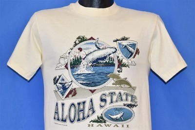 vtg 90s HAWAII ALOHA STATE WHALE DOLPHIN SUN ARI DESIGN YELLOW TOURIST t-shirt M