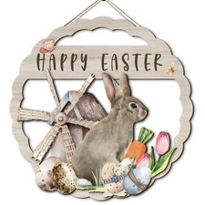Happy Easter Decorations Sign, Bunny Eggs Wood Wreath for Front Door Porch Wi...