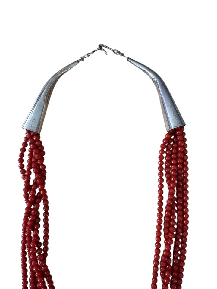 Sterling Silver Navajo Southwest Red Coral Beaded Multi Strand Sun Mark Sterling - Image 3 of 4