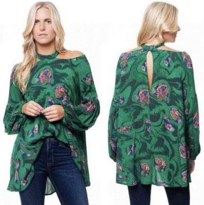 Free People Mini Dress Drift Away Cold Shoulder Tunic Green Floral Size S Boho