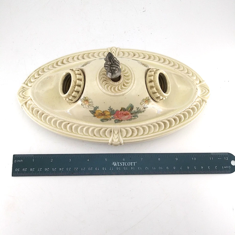 early 1900s Embossed 2-Bulb Ceramic Ceiling Sconce Light Floral UNTESTED - Image 3 of 4