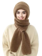 Beanie Hat Scarf Integrated Ear Protection Windproof Cap Scarf Elastic Knitti...