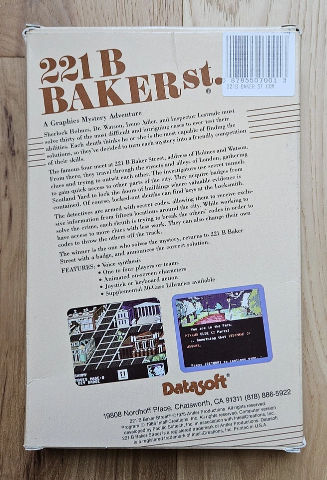 221 B Baker St. (1986, Datasoft, Commodore 64 128 C64) Complete in Box - Image 3 of 4