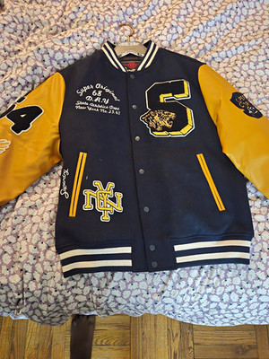 Superdry Navy/Yellow Varsity Jacket Tiger Patch Snap Button Front Lined Pockets