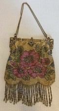 Antique Cut Steel Micro Beaded Purse Lavish Red Poppy Floral Gilt Filigree Frame