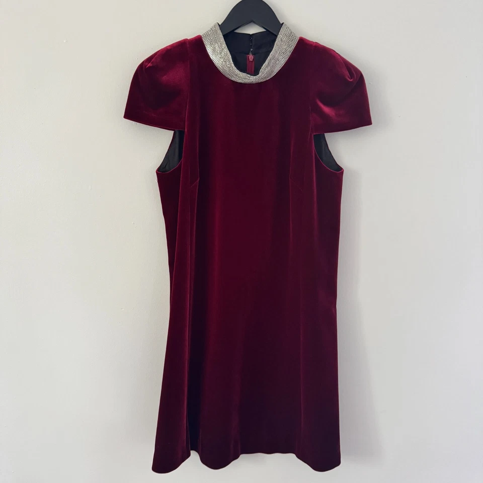 Mini Vestido SAINT LAURENT Paris Terciopelo Rojo COLLAR COTA DE CADENA Metal Armadura 38 M 6 Foto 4 de 4