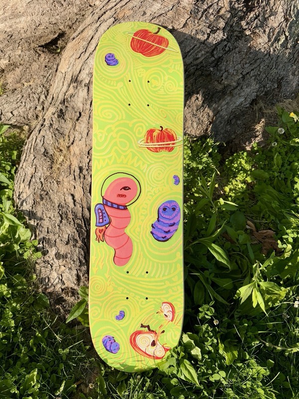 Green Skateboard Deck Art Graphic Astronaut Worm Custom Design 8”