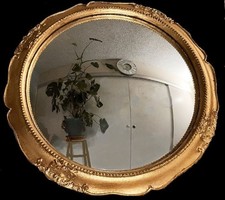 Vintage convex mirror. Gold metallic French f...
