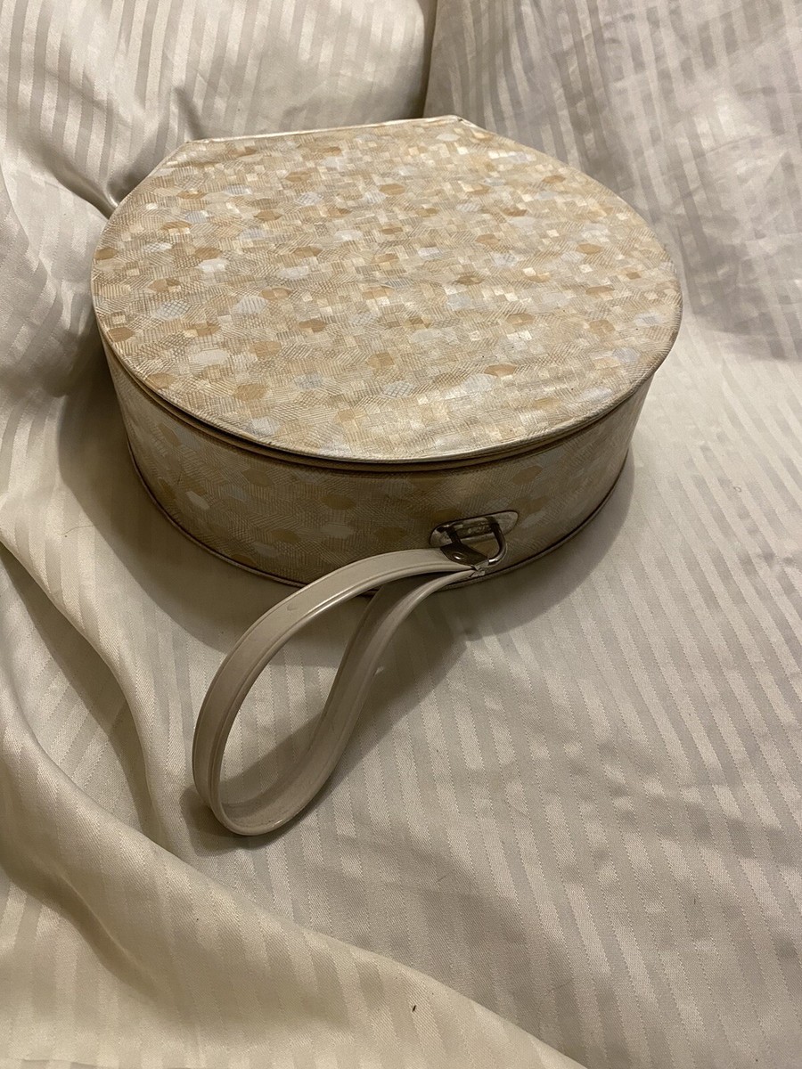 Vintage HAT BOX Travel Luggage Suitcase ROUND Pearl Tan Bag Train Case  Carry On - Main Image