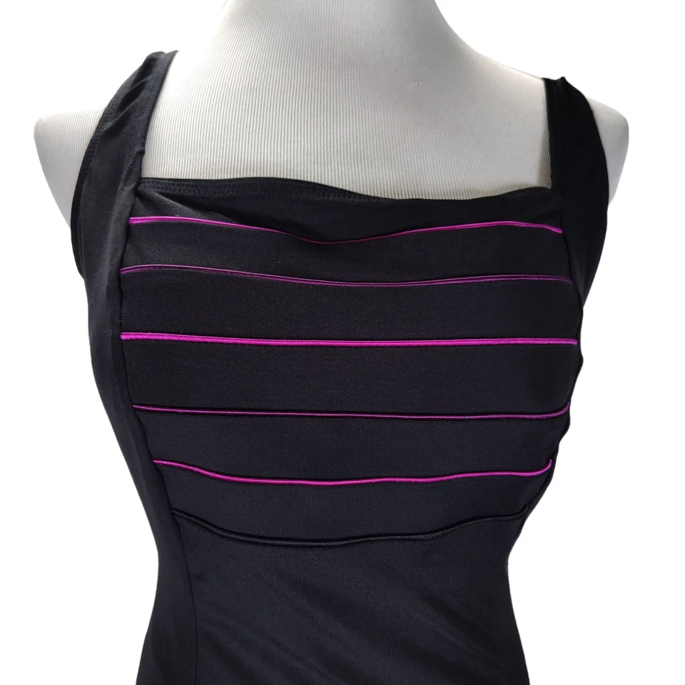 Traje de baño vintage años 90 longitud de una pieza talla 14 negro cuello cuadrado ribete púrpura Foto 2 de 4