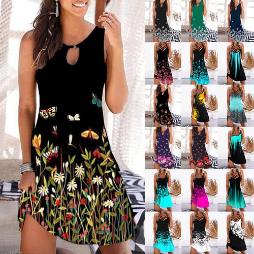 Womens Strappy Boho Floral Mini Sun Dress Ladies Holiday Summer Beach