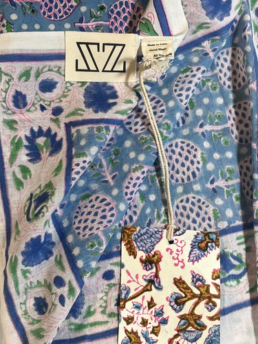 SZ Blockprints Throw Tablecloth Floral 46X 77” Blue Pink Indian Print NWT New - Picture 5 of 10