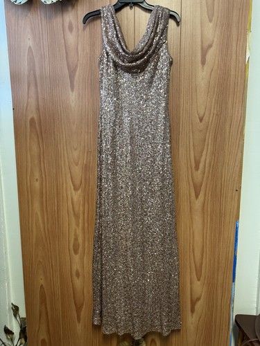 Jackie Jon Gold Sequin Sleeveless Formal Dress Cowl Neck Full Length Size 6