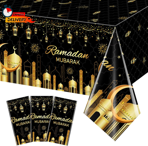 3 Pack Ramadan Plastic Tablecloth Decorations for Home, Eid Mubarak Ramadan Disp