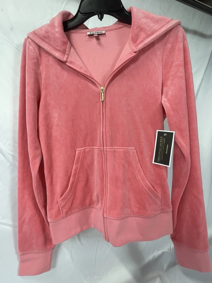 Juicy Couture 丝绒拉链连帽衫女式珊瑚粉色 M 码 — 第 3/4 张图片