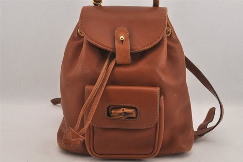 Authentic GUCCI Vintage Bamboo Drawstring Backpack Purse Leather Brown 7638M - Bild 2 von 10