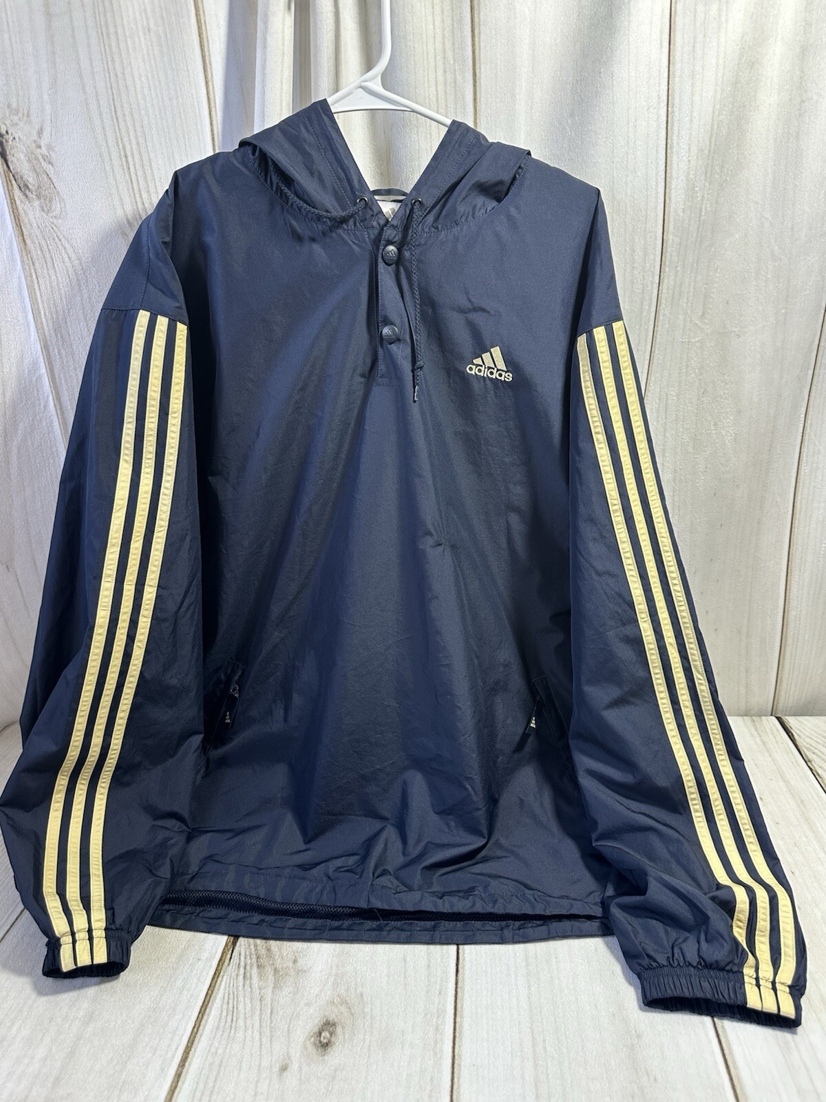 Vtg Adidas Windbreaker Mens L 3 Stripes Hood 2 Snaps Jacket Blue Mesh Lined Y2K