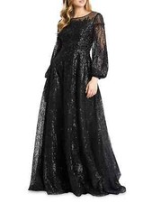 Mac Duggal Black Round Neck Long Puff Sleeve Sequin Gown Size 16 $798