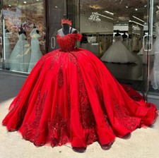 Princess Red Quinceanera Dresses Off the Shoulder Sweet 15 16 Prom Party Ball