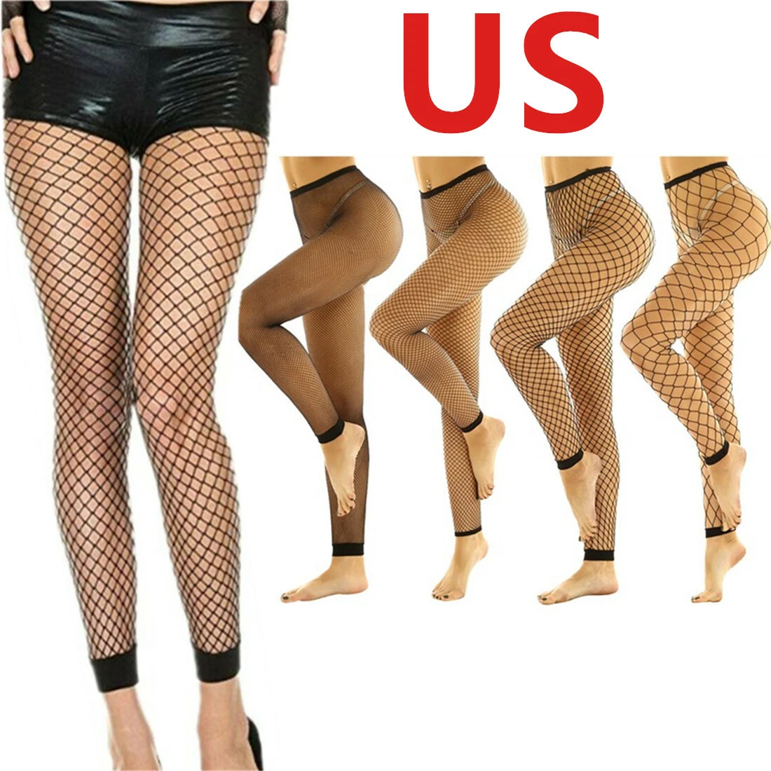 US-Sexy Women Footless Leggings Stockings High Waist Fishnet See-through  Pants