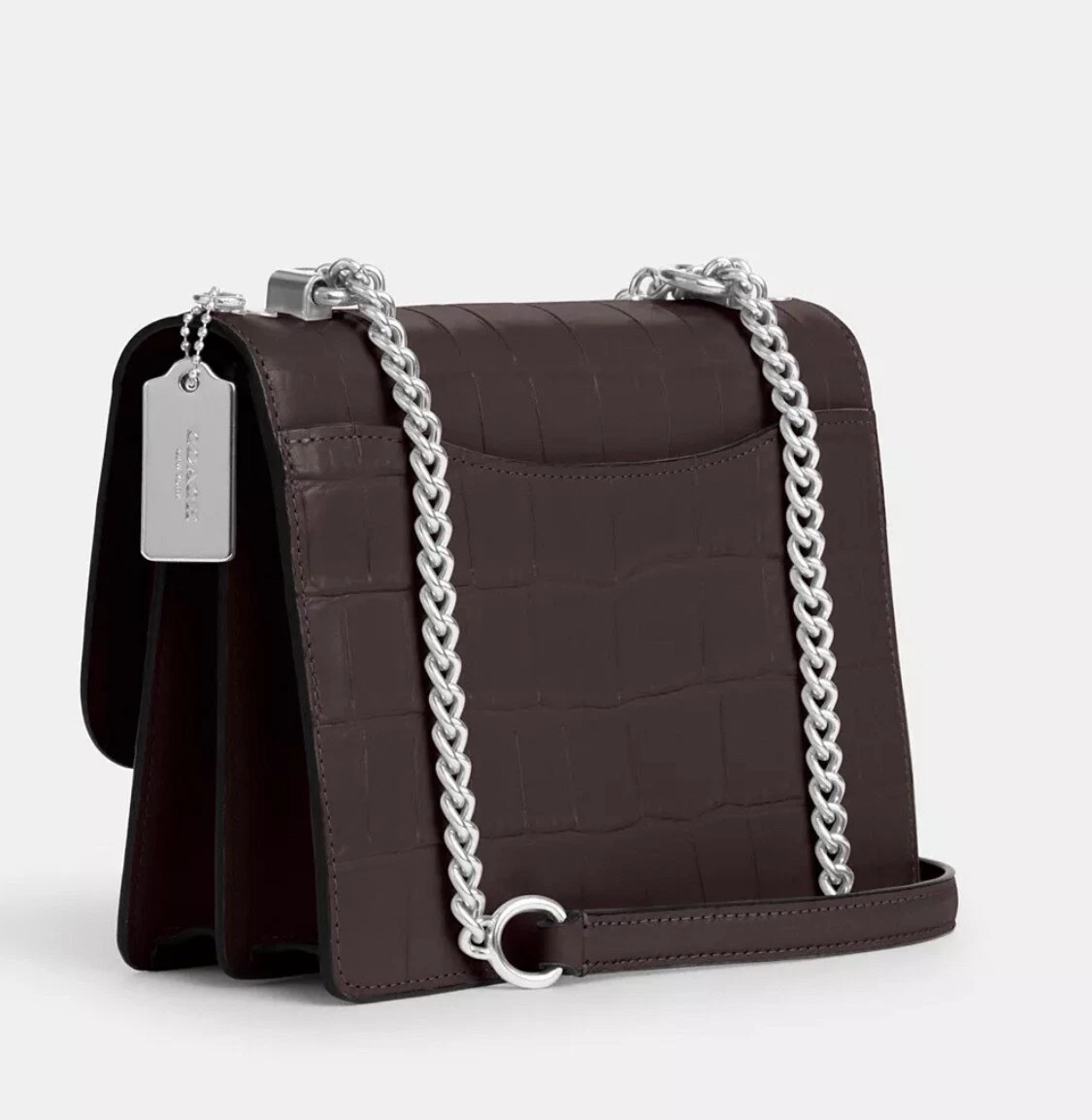 ?Tracolla Coach nuova con etichette catena in pelle trasparente in argento ametista prezzo di listino $450