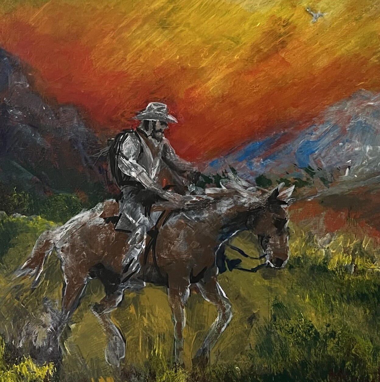 Original Western Oil Painting Native American Horse Rider Gold Accent ...