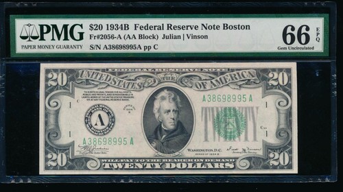 AC 1934B $20 Boston FRN PMG 66 EPQ Fr 2056-A - 第 1/2 張圖片
