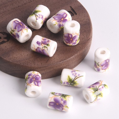10pcs 12x9mm Cylinder Shape Flower Patterns Ceramic Porcelain Loose Crafts Beads - Picture 8 of 10