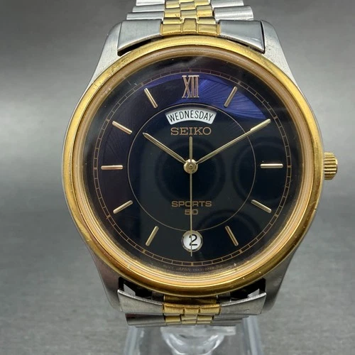 Seiko Watch Men 37mm Blue Dial Two Tone Daydate Round VTG 7N43-9A00 New Battery