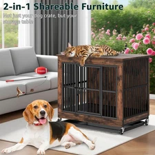 Extra Large Wooden Dog Crate with Double Doors, Pull Out Tray & Detachable Top