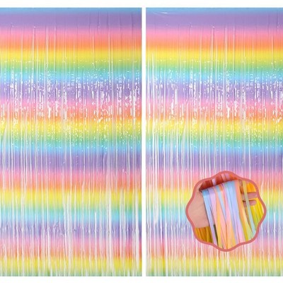 Pastel Rainbow Foil Fringe Curtain Gradient Party Backdrop 3.3x6.6 Ft 2 PCS