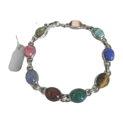 VTG WRE Scarab Chain Bracelet Sterling Silver Semi Precious Gemstone 7.5 USA 70s