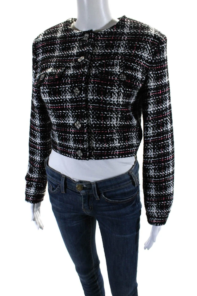 Chaqueta Chanel para mujer a cuadros de tweed recortada con botones negra blanca rosa talla FR 38 Foto 2 de 4