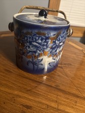 Staffordshire Ironstone Flow Blue Biscuit/tea Jar w/ Woven Rattan Handle 1898